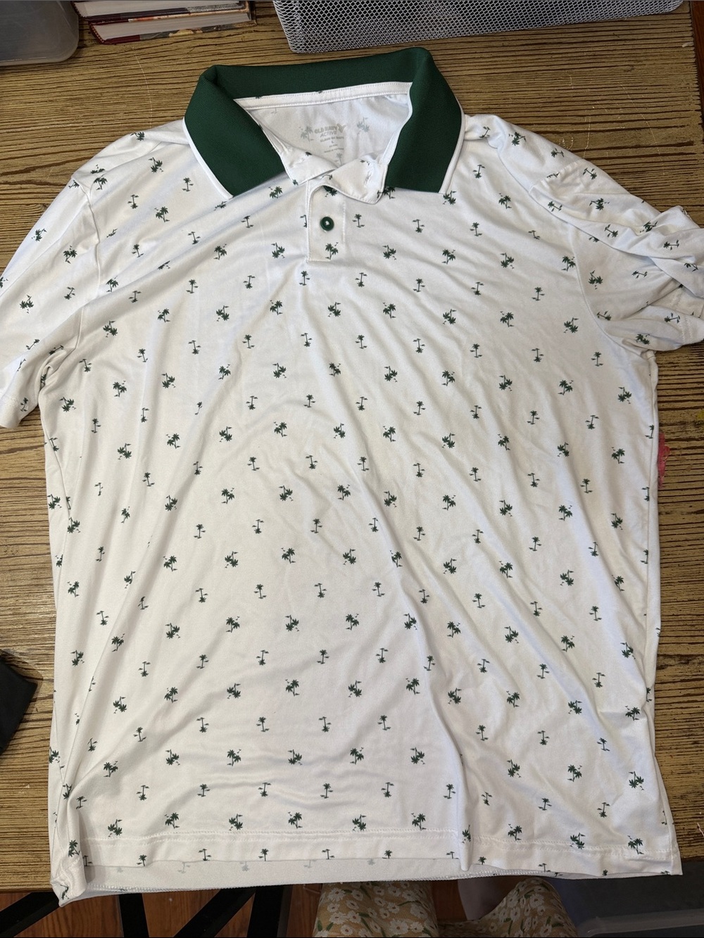 Old Navy White Polo with Dark Green Collar and Palm Tree Print